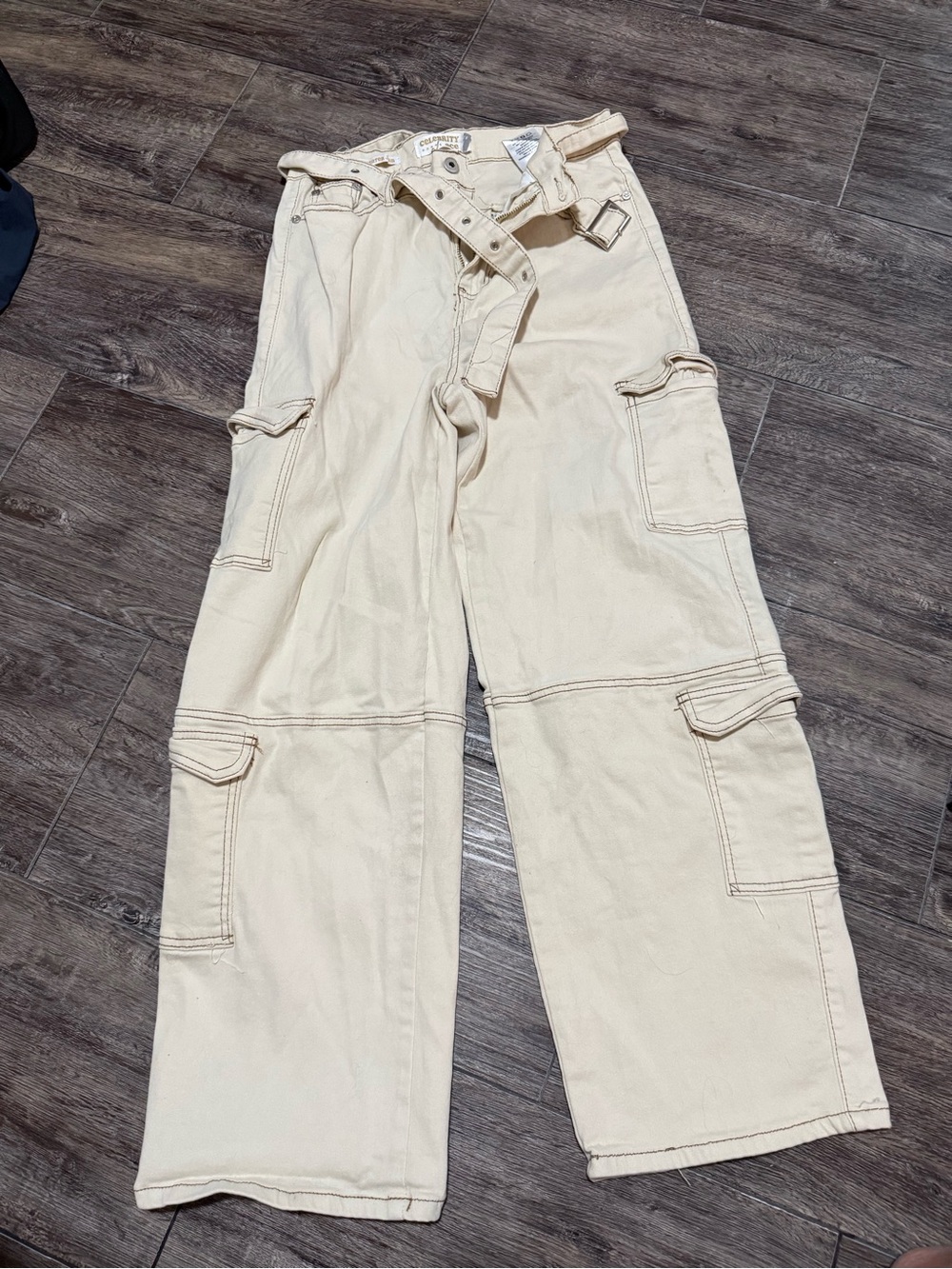 High-Rise Wide-Leg Cargo Jeans in Cream - Utility Flare